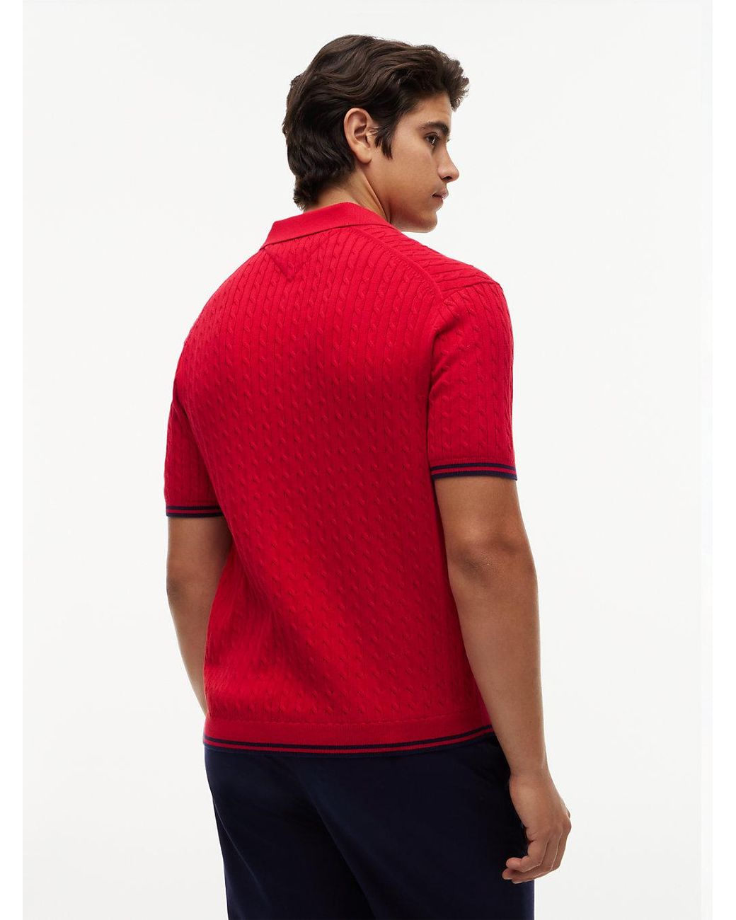 Tommy Hilfiger Red Cable Knit Short Sleeve Polo Jumper for men