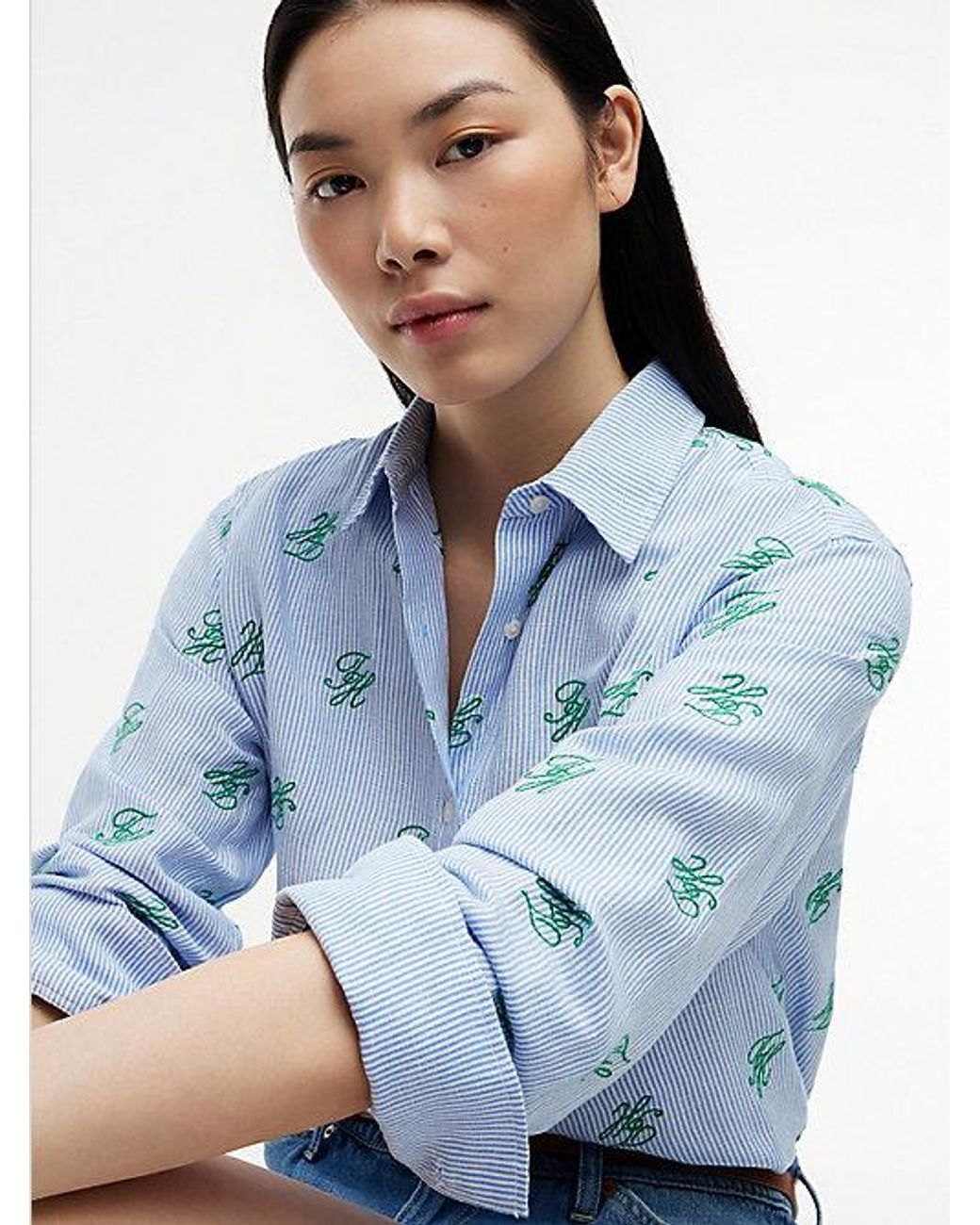 Tommy Hilfiger Blue Logo Embroidery Linen Blend Shirt