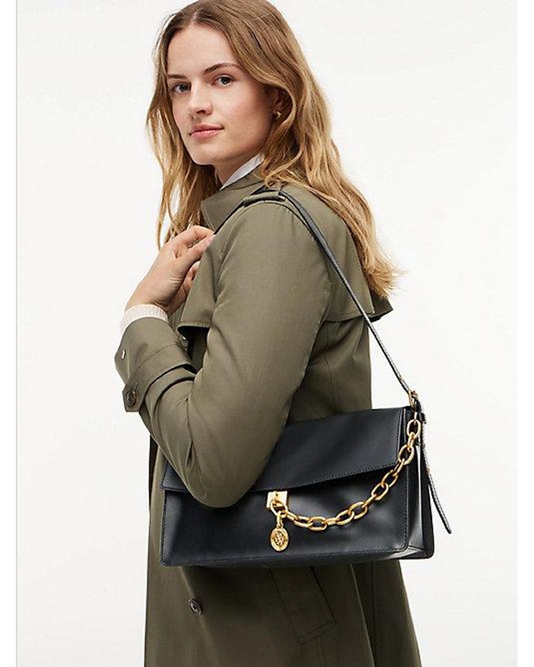Tommy Hilfiger Black Leather Chain Charm Shoulder Bag