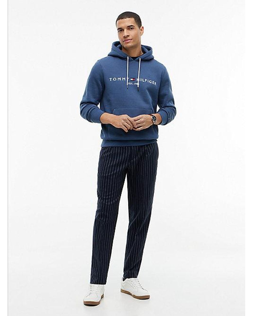 Tommy Hilfiger Blue Logo Embroidery Fleece Drawstring Hoody for men