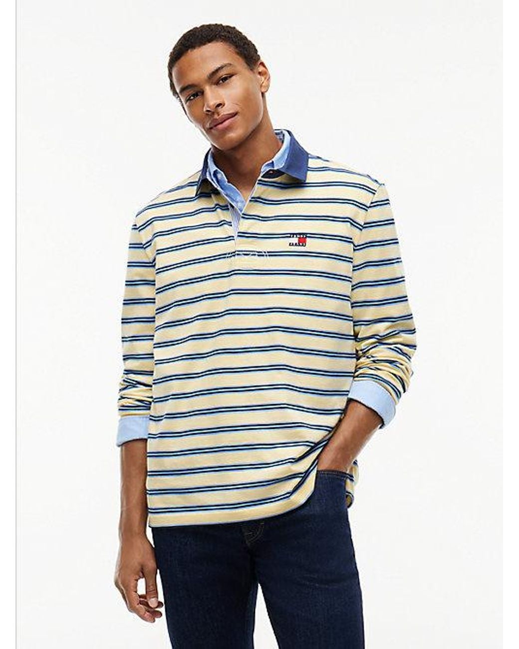 Tommy Hilfiger Gray Tommy Jeans Tommy Badge Stripe Relaxed Rugby Shirt for men