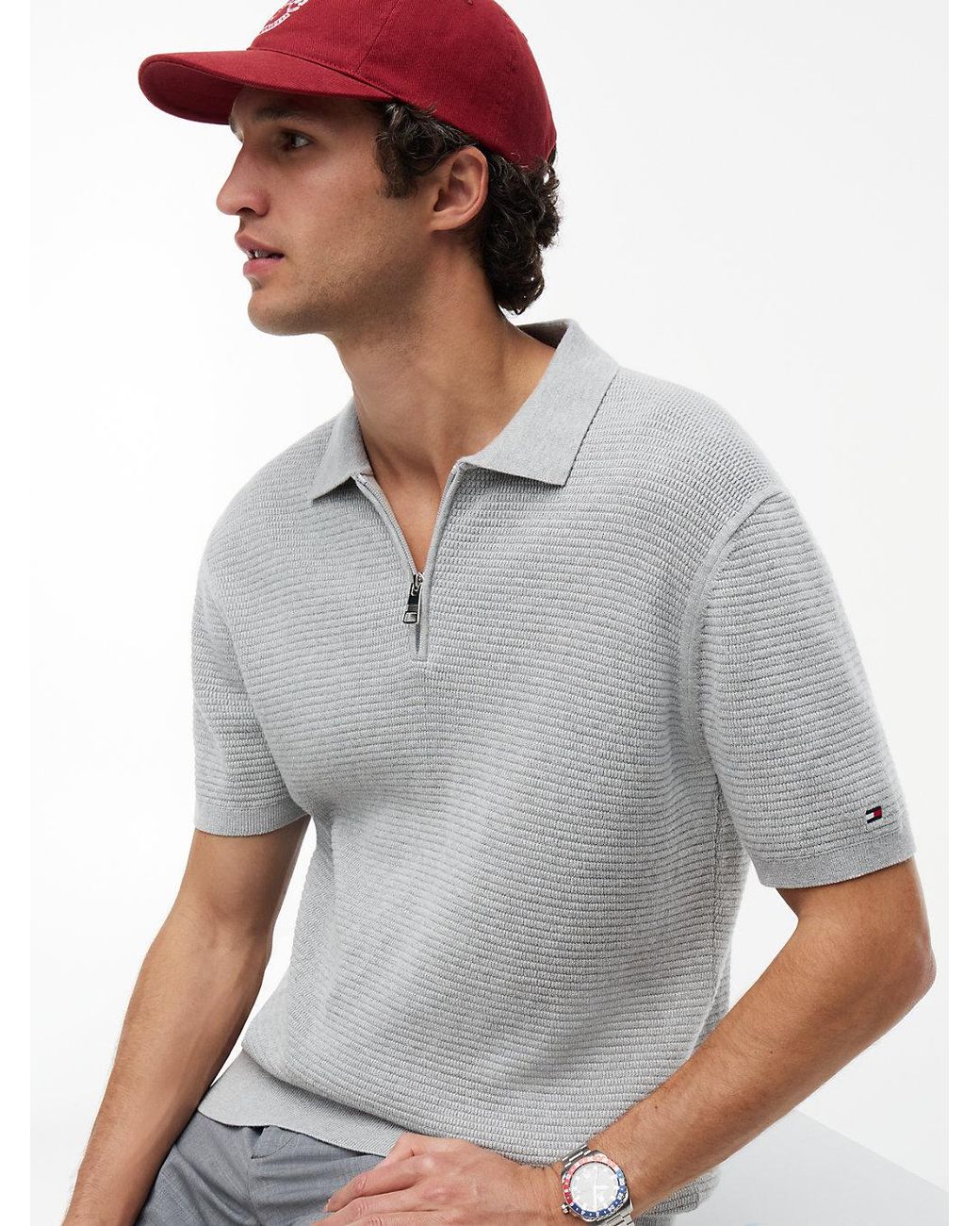 Tommy Hilfiger Gray Regular Fit Textured Knit Zip Polo Shirt for men