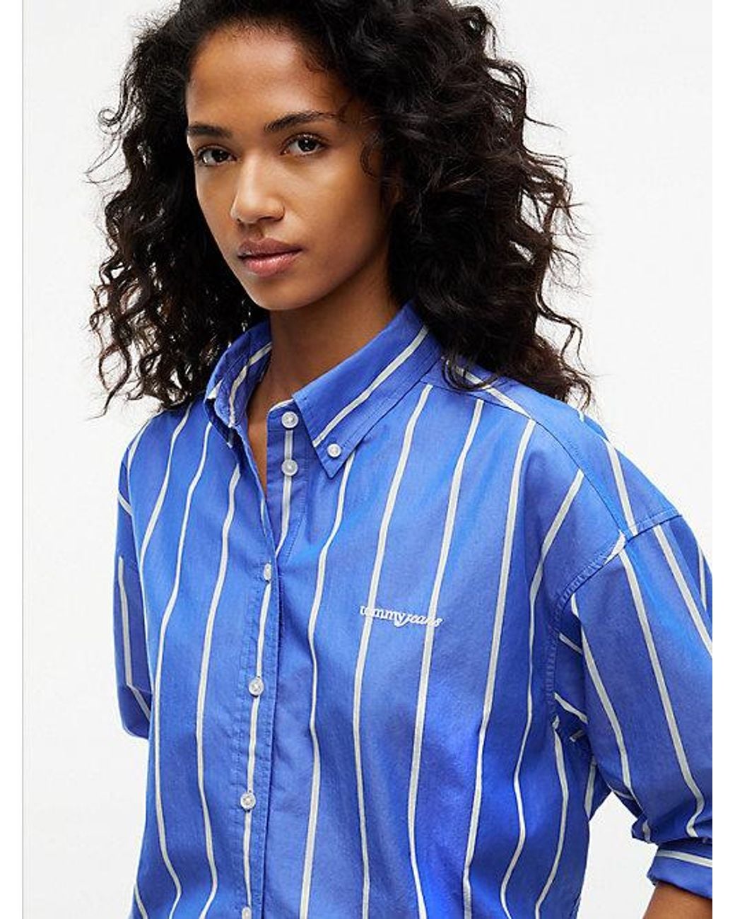 Tommy Hilfiger Blue Oversized Fit Cropped Gathered Poplin Shirt