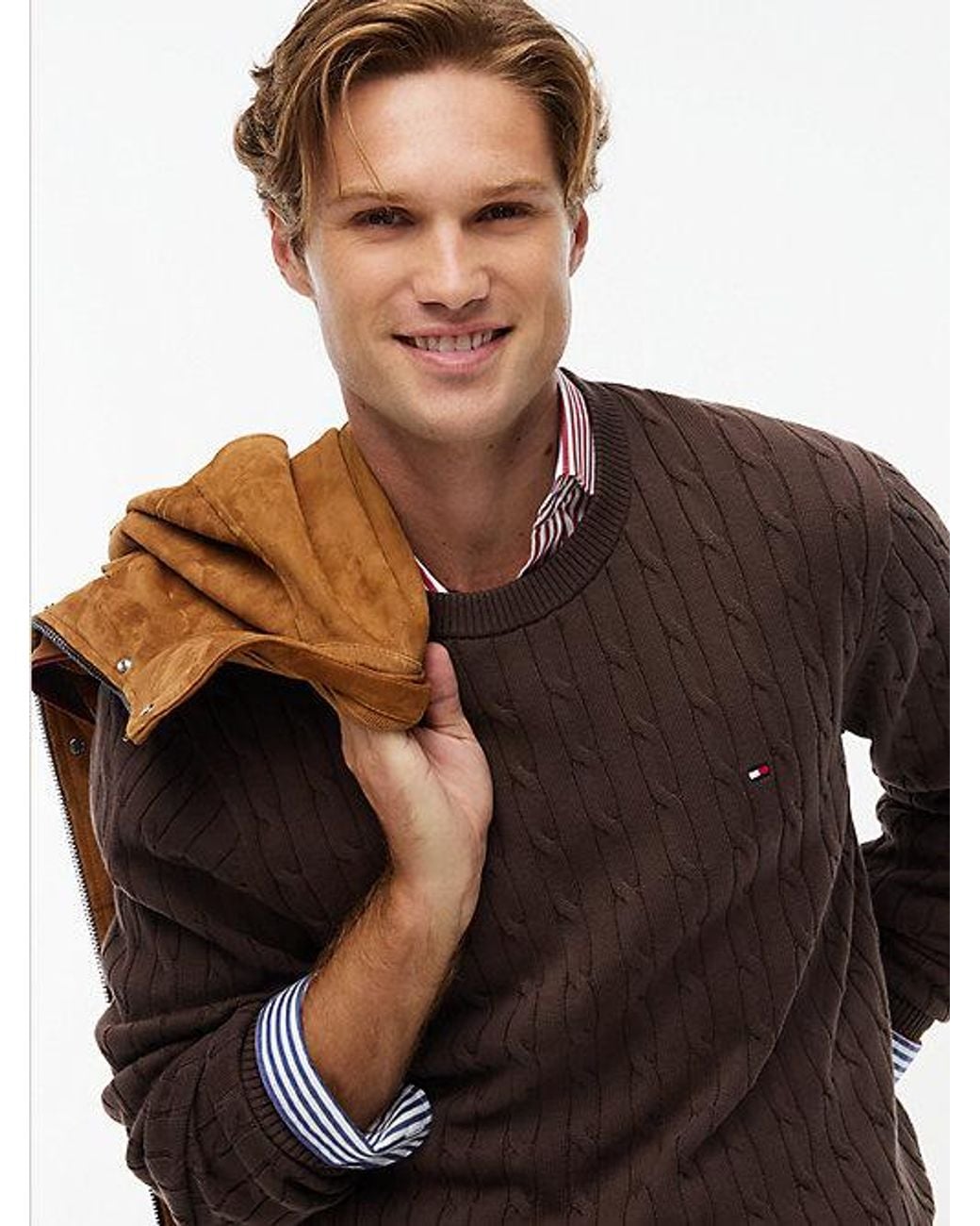Tommy Hilfiger Brown Cable Knit Crew Neck Jumper for men