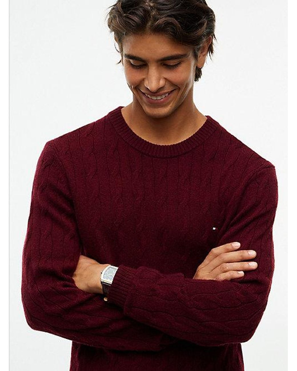 Tommy Hilfiger Red Pure Lambswool Cable Knit Jumper for men