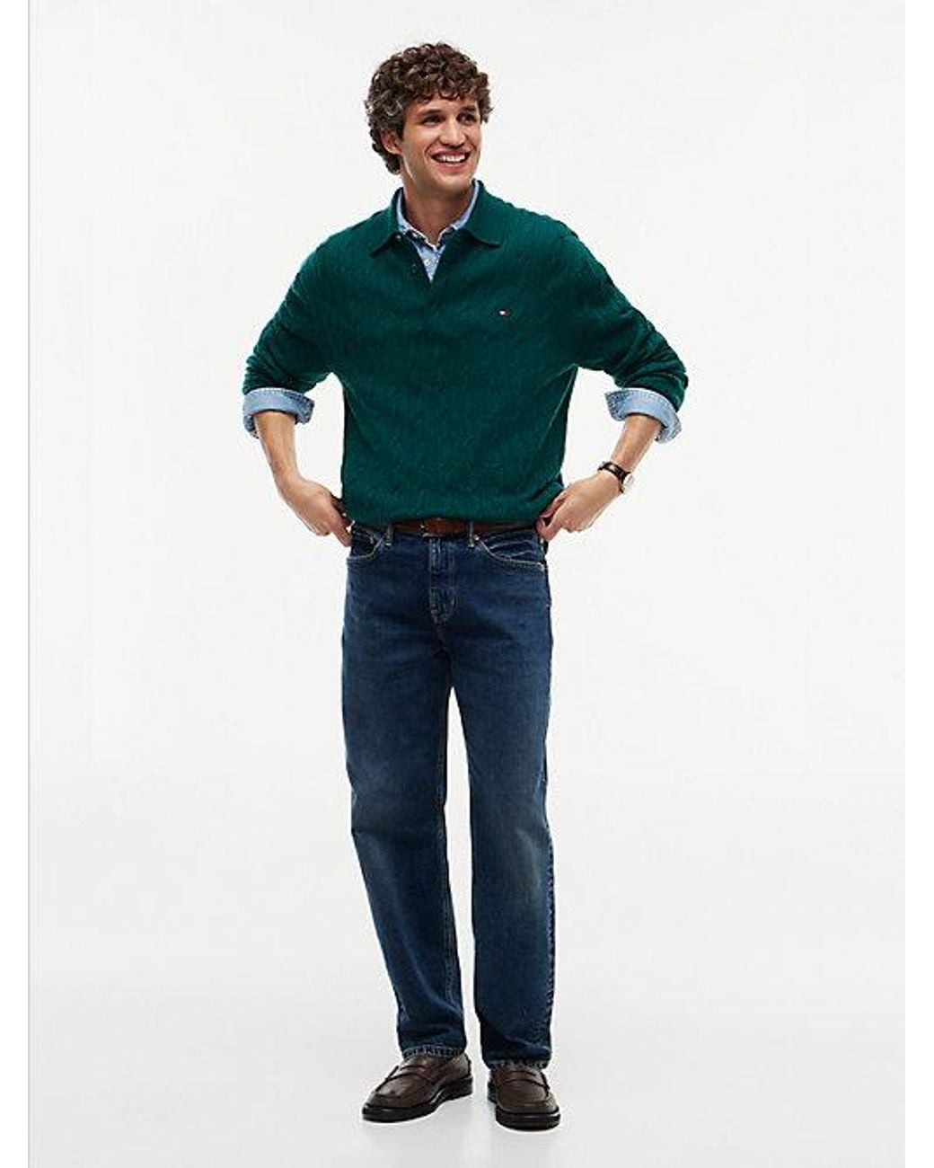 Tommy Hilfiger Green Pure Wool Cable Knit Rugby Jumper for men