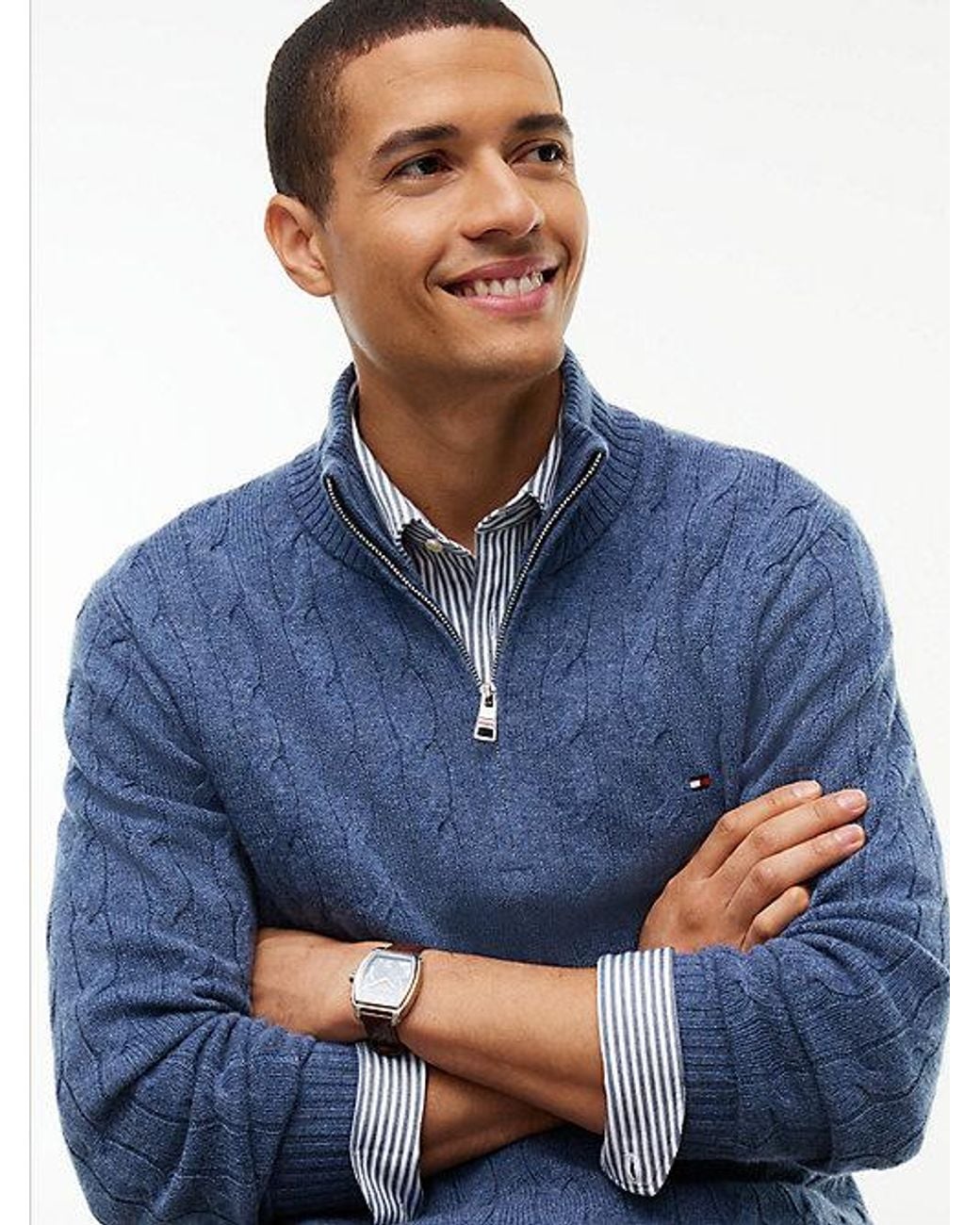 Tommy Hilfiger Blue Pure Lambswool Cable Knit Quarter Zip Jumper for men