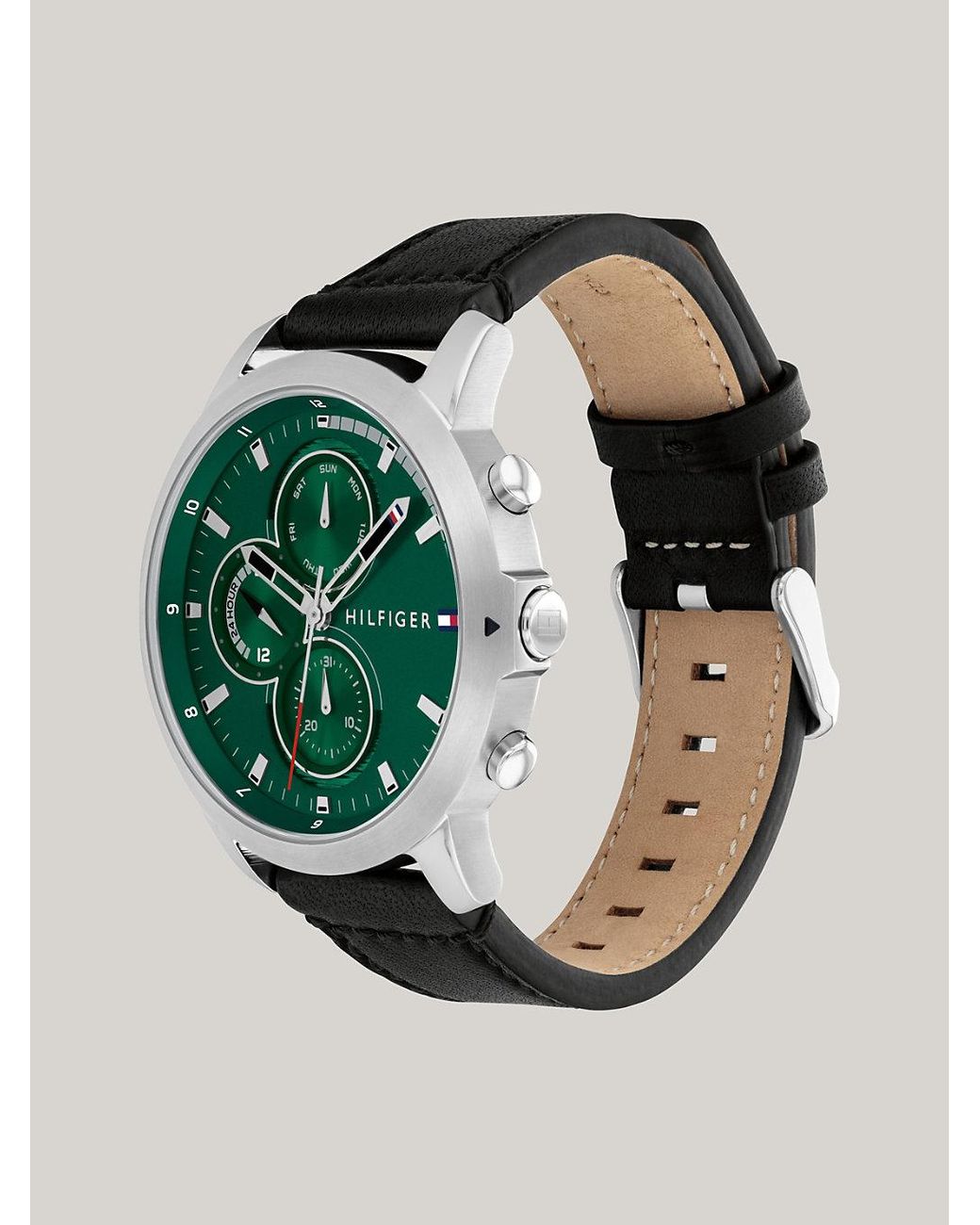 Tommy Hilfiger Green Dial Black Leather Strap Watch for Men | Lyst UK