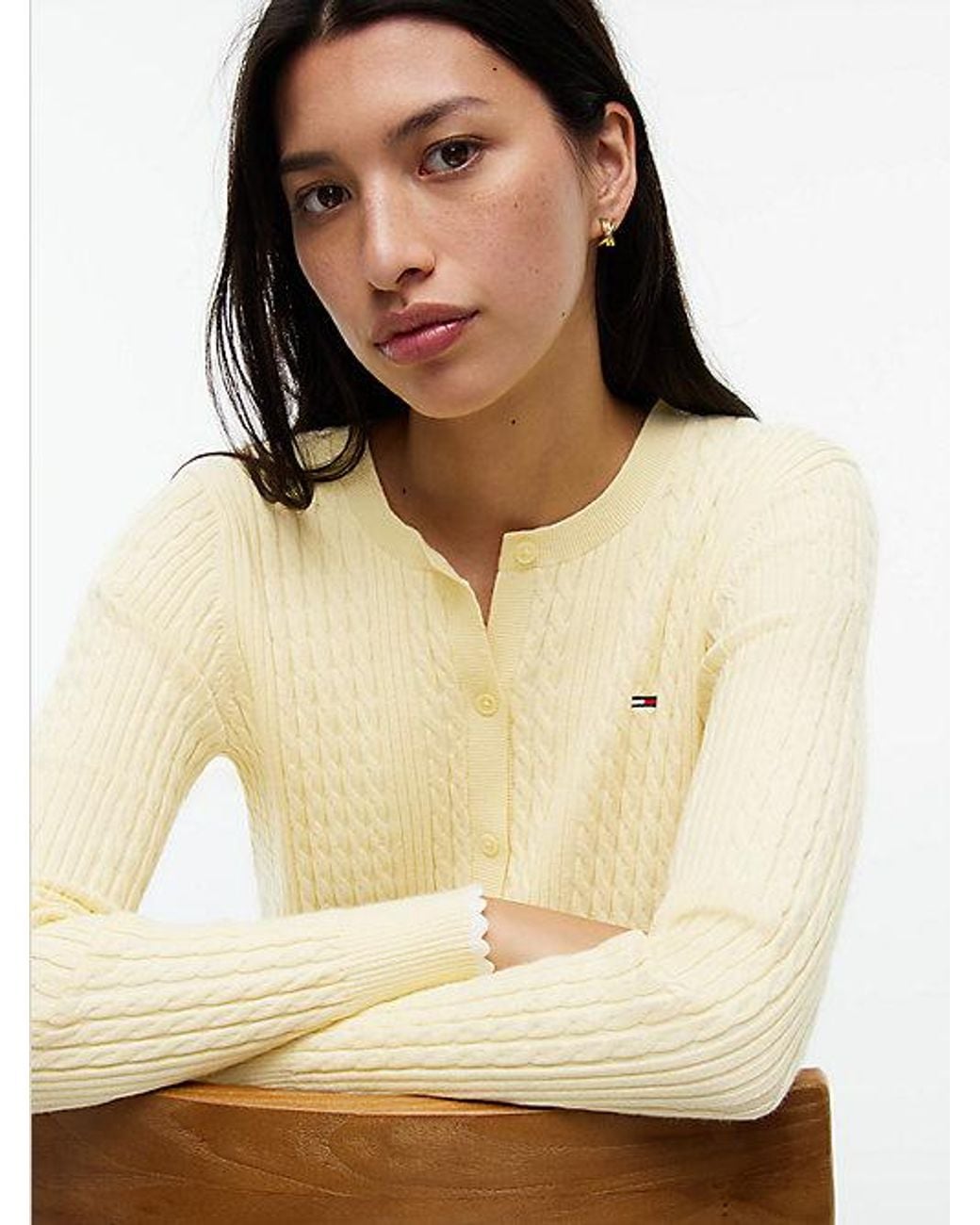 Tommy Hilfiger Natural Tommy Jeans Cable Knit Scalloped Trim Slim Cardigan