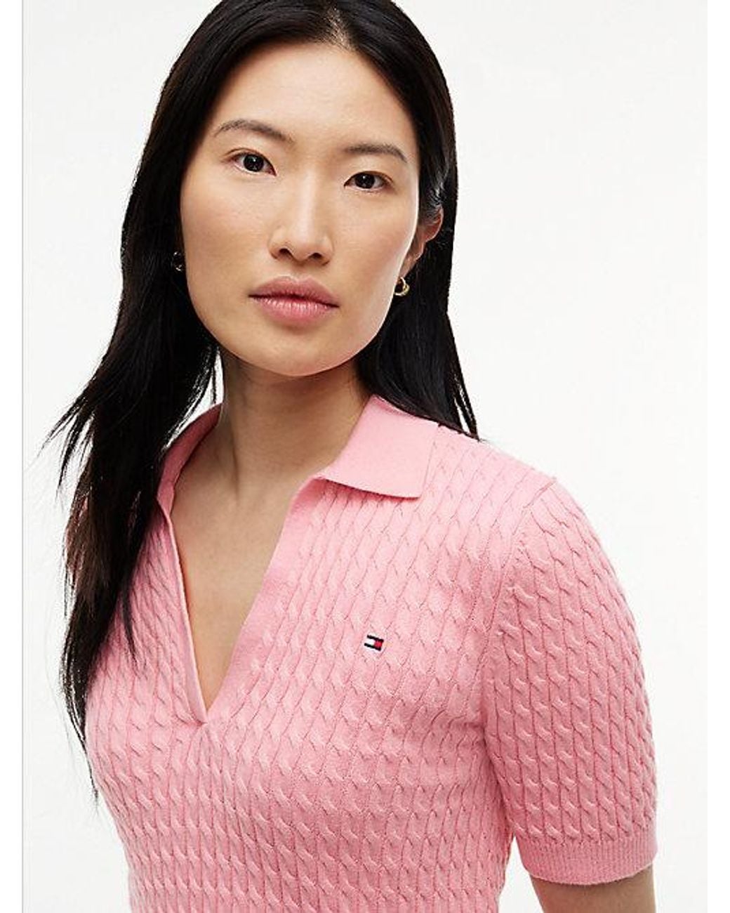 Tommy Hilfiger Red Cable Knit Short Sleeve Polo Jumper