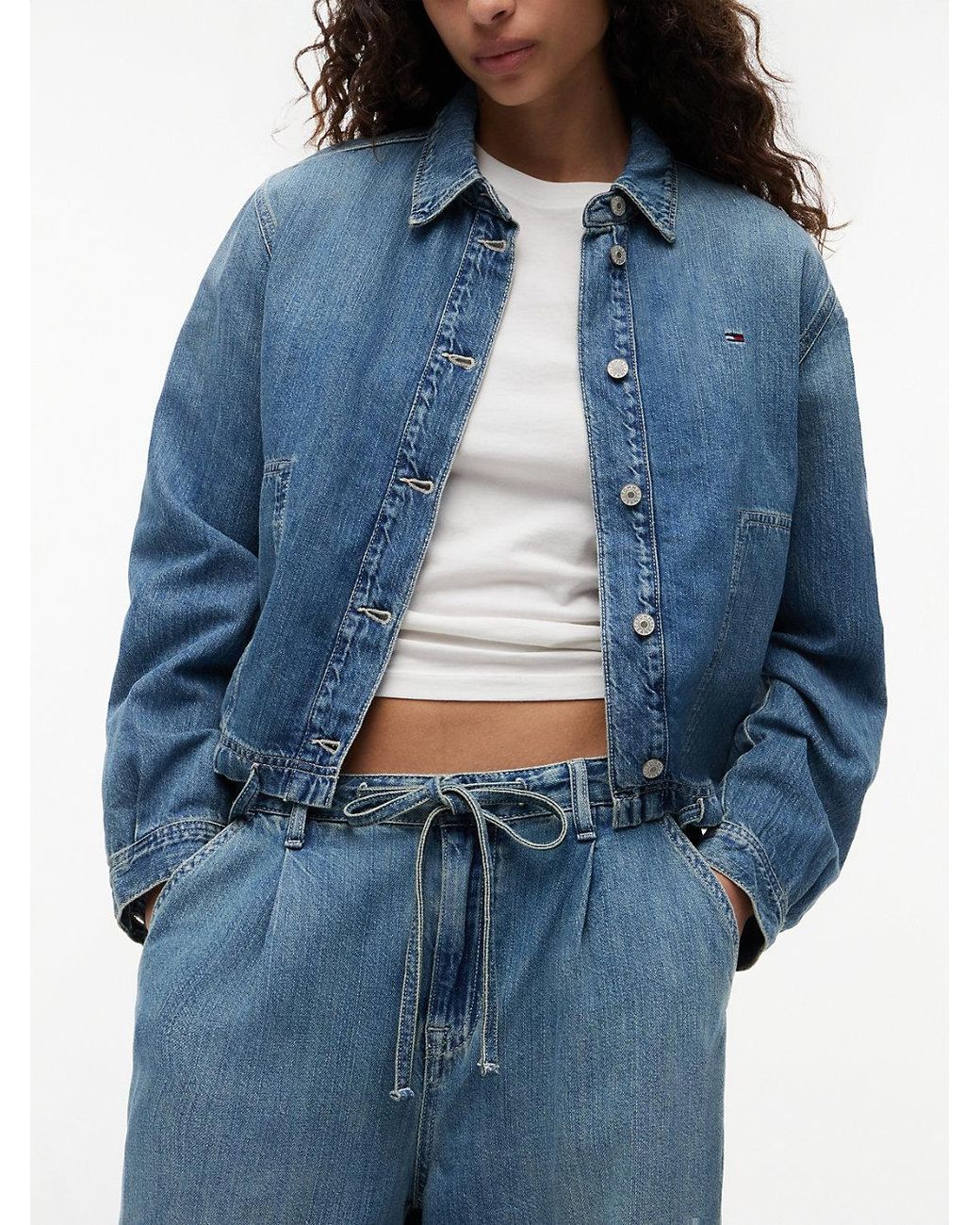 Tommy Hilfiger Blue Drawstring Loose Wide Leg Jeans With Linen