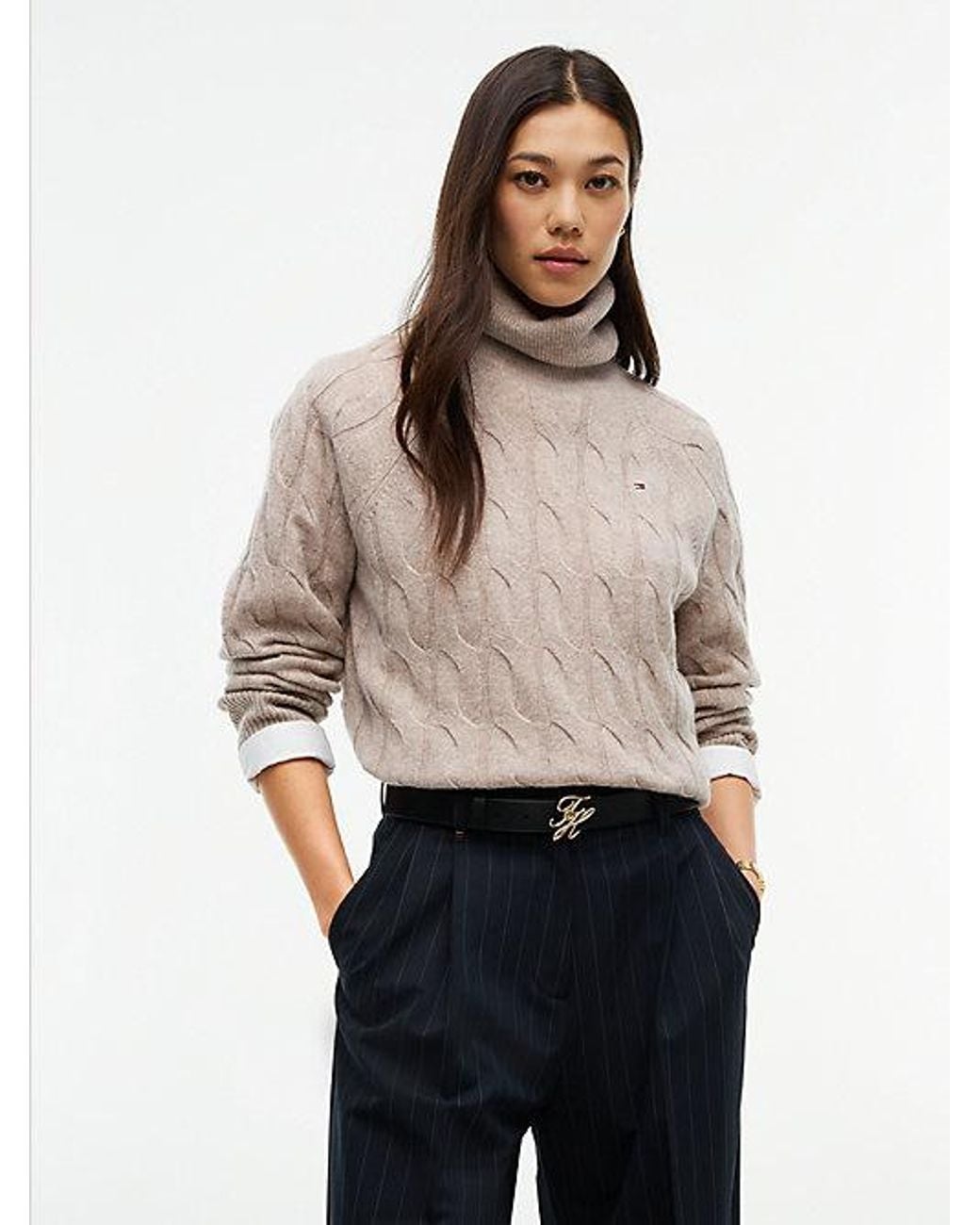Tommy Hilfiger Natural Pure Wool Cable Roll Neck Jumper