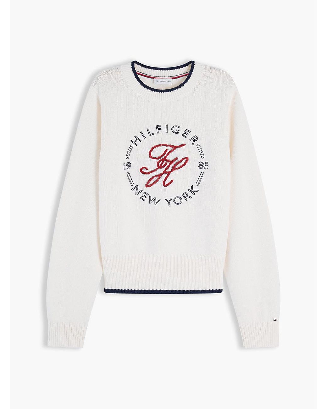 Tommy Hilfiger White Logo Embroidery Relaxed Crew Neck Jumper
