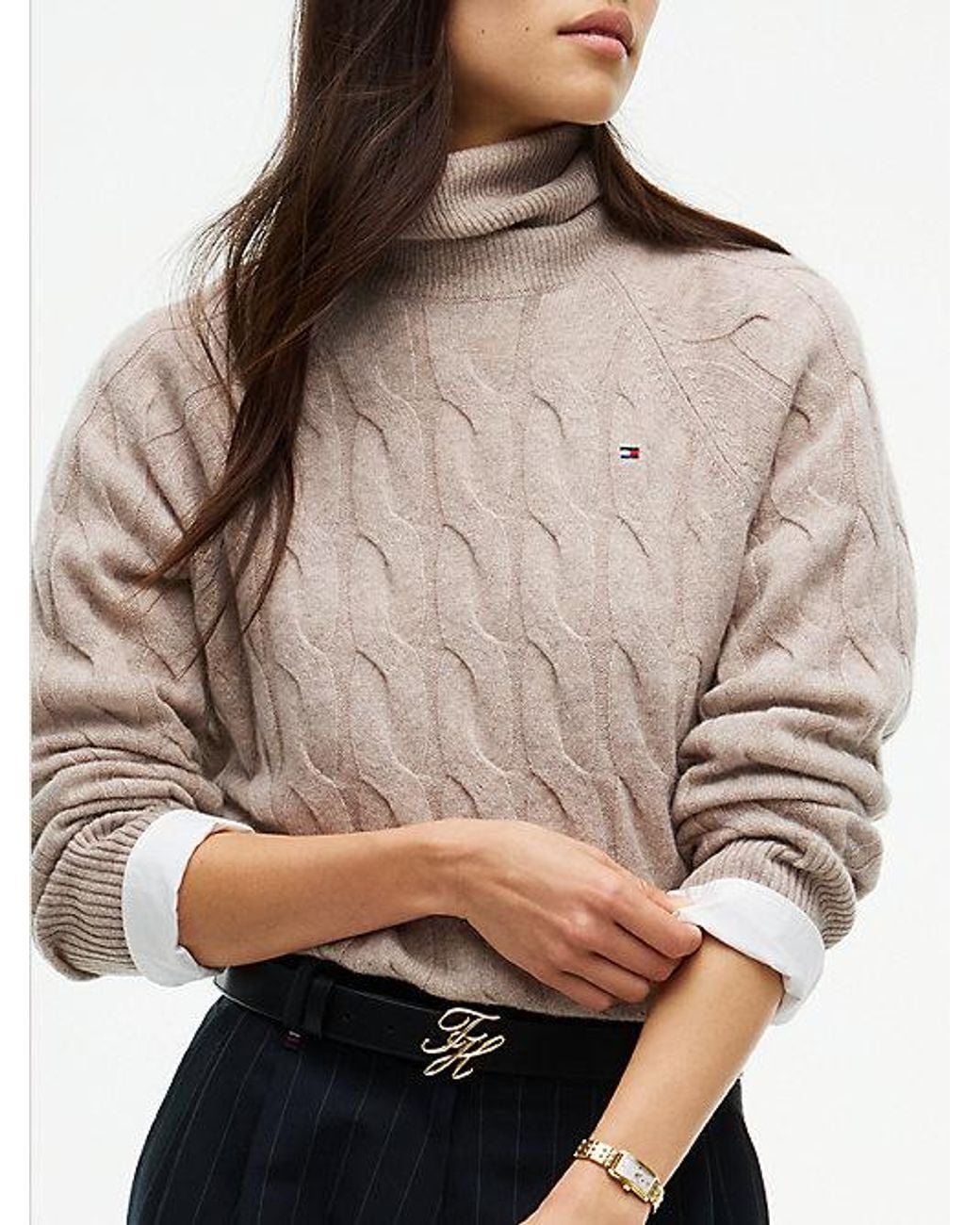 Tommy Hilfiger Natural Pure Wool Cable Roll Neck Jumper