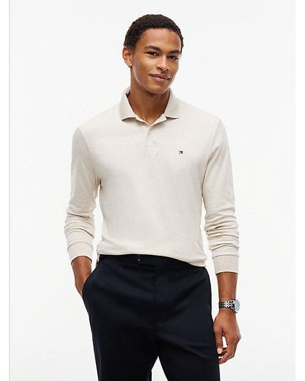 Tommy Hilfiger White Fluid Cotton Long Sleeve Polo Shirt for men