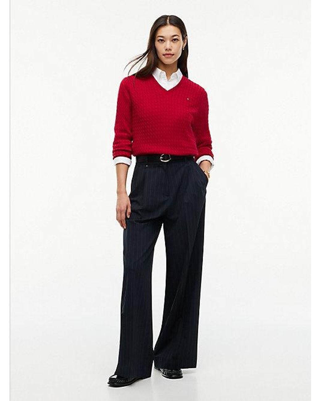 Tommy Hilfiger Red Fine Cable Knit Slim Jumper