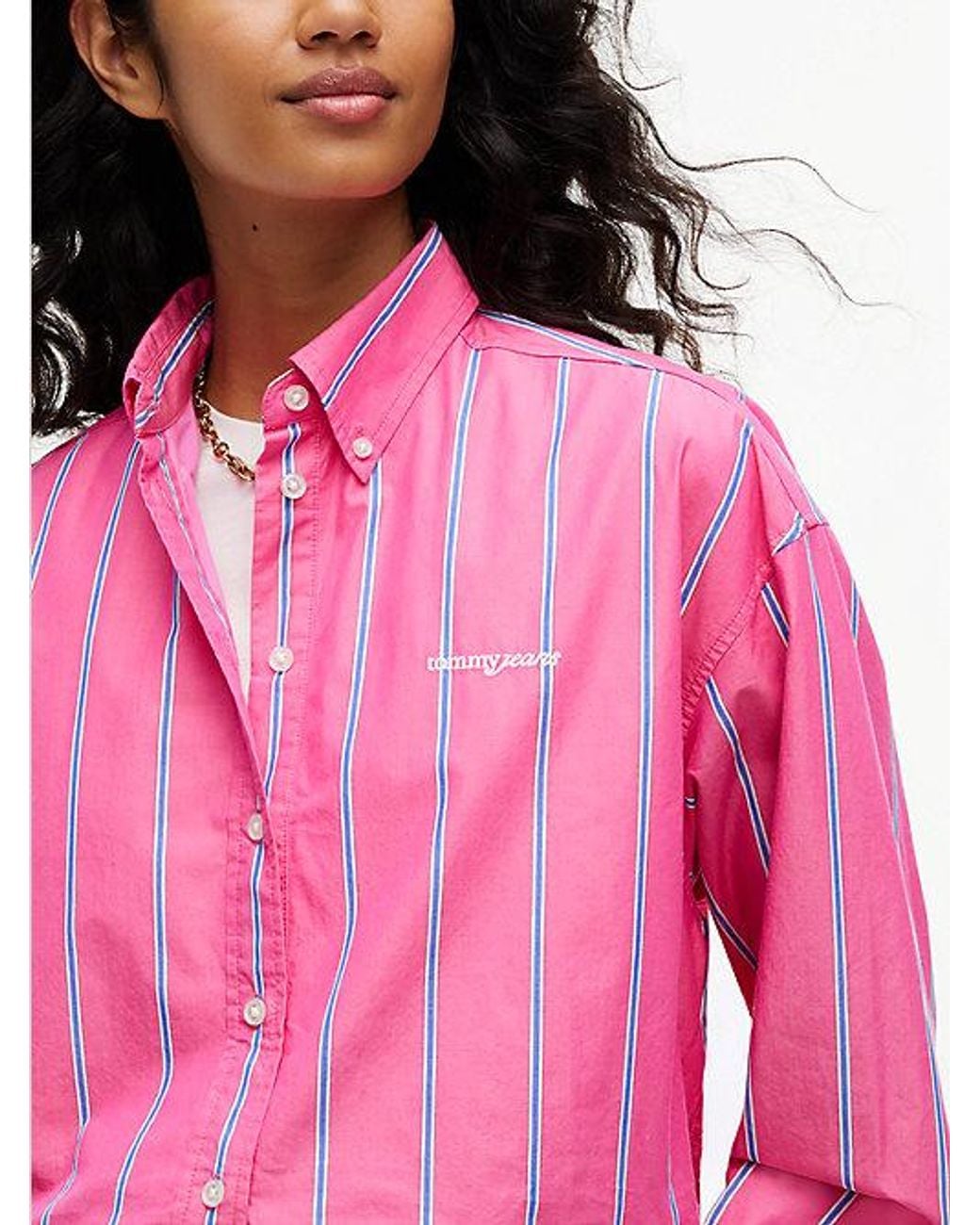 Tommy Hilfiger Pink Oversized Fit Cropped Gathered Poplin Shirt
