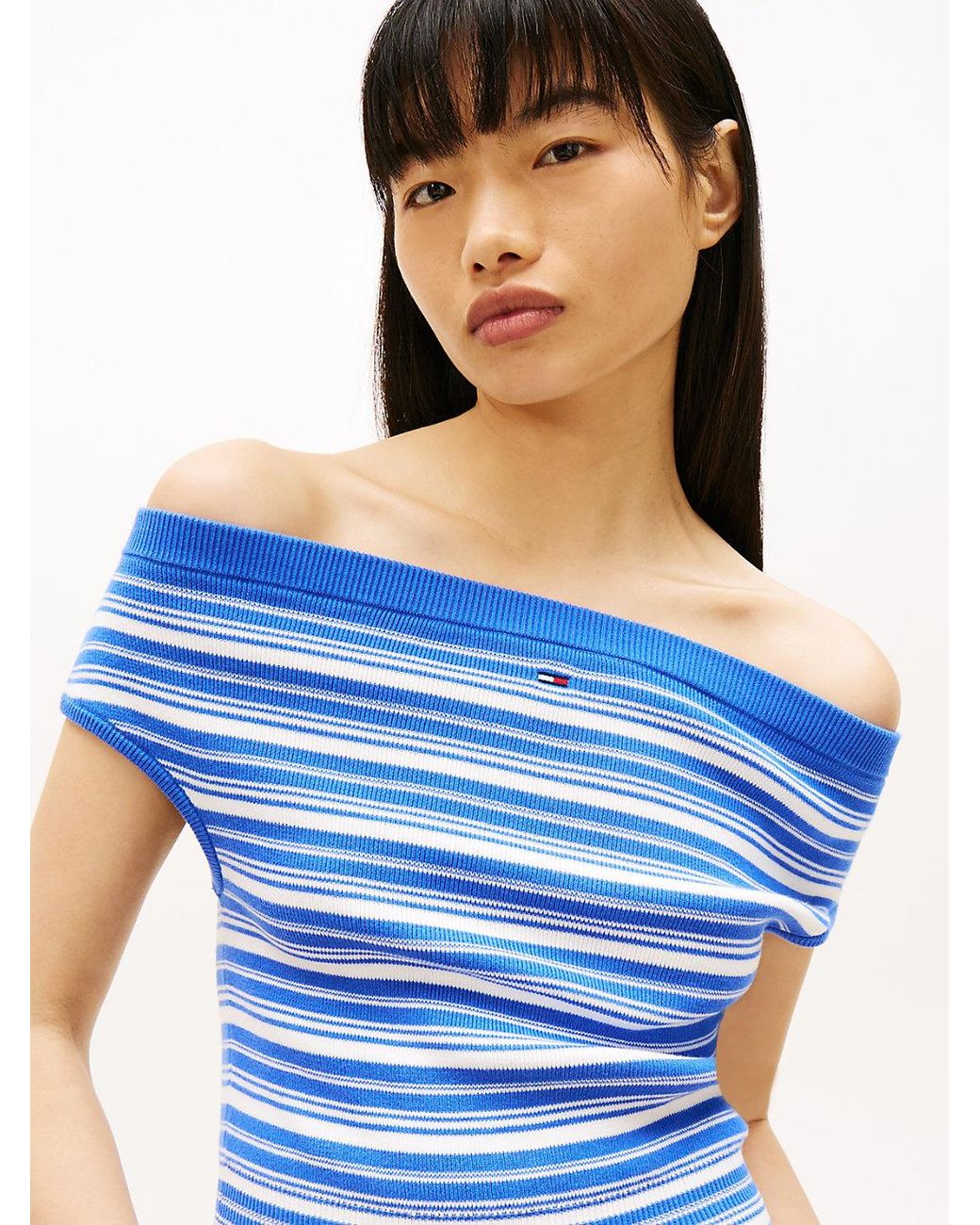 Tommy Hilfiger Blue Stripe Off-the-shoulder Slim Jumper