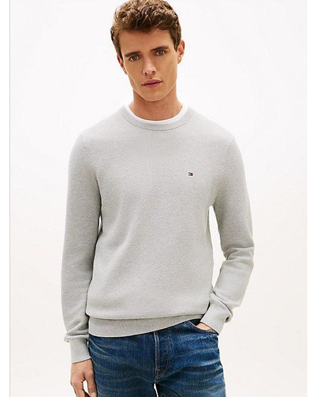 Tommy Hilfiger Gray Flag Embroidery Textured Crew Neck Jumper for men
