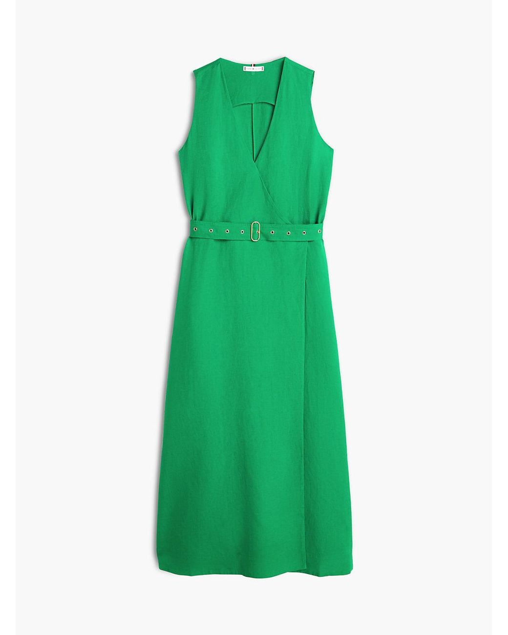 Tommy Hilfiger Green Belted Linen Blend Sleeveless Wrap Midi Dress