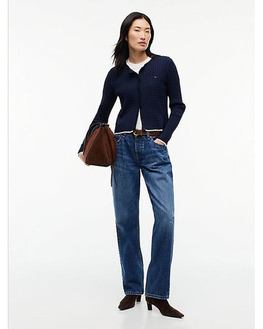 Tommy Hilfiger Blue Tommy Jeans Cable Knit Scalloped Trim Slim Cardigan