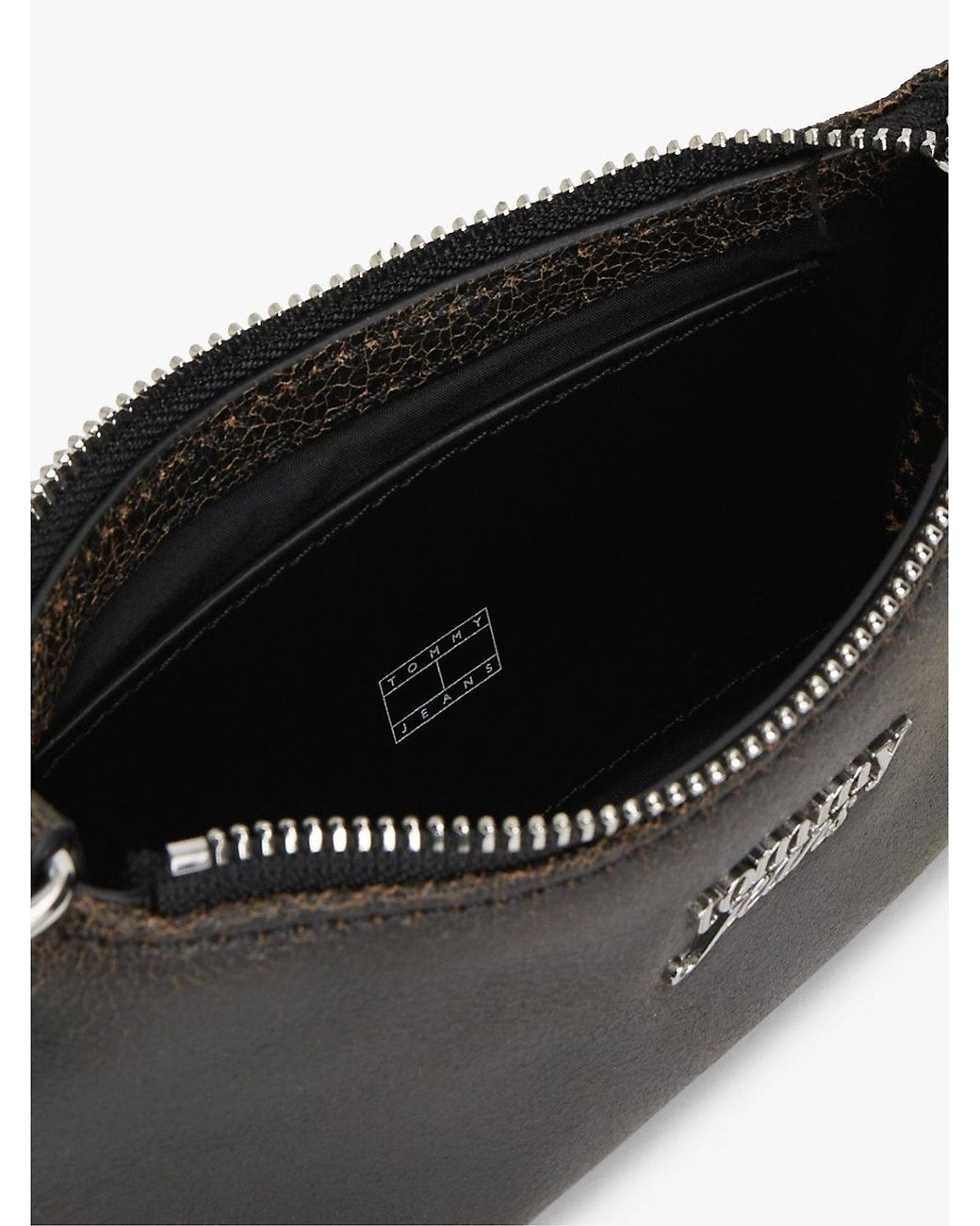 Tommy Hilfiger Black Chain Strap Cracked Leather Logo Wallet