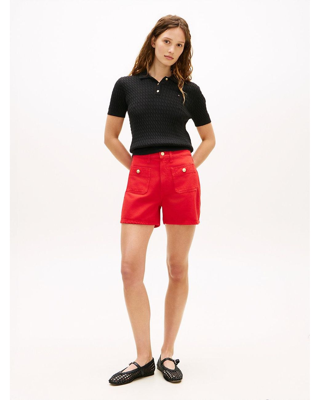 Tommy Hilfiger Red Tone Button High Rise Denim Shorts