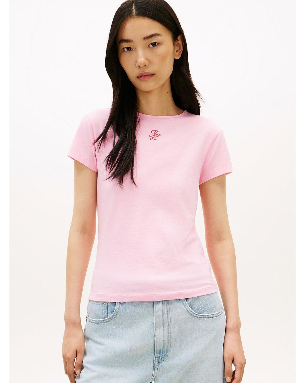 Tommy Hilfiger Pink Textured Logo Slim Jersey T-Shirt