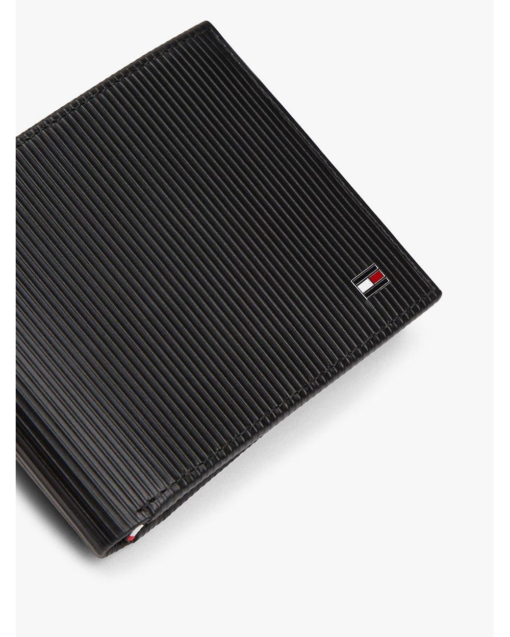 Tommy Hilfiger Black Hilfiger Flag Ribbed Leather Flap Wallet for men