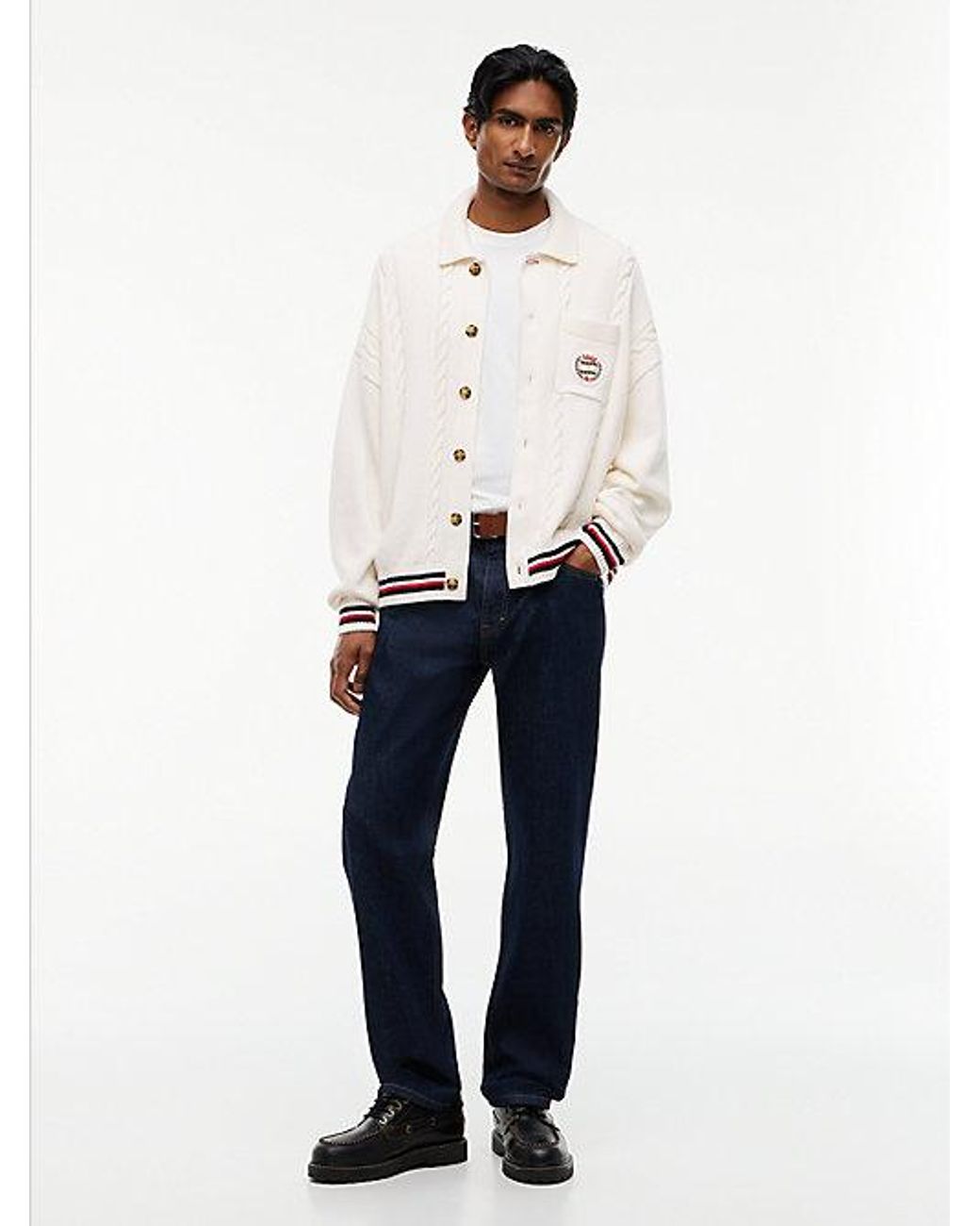 Tommy Hilfiger White Tommy Jeans Cable Knit Polo Collar Relaxed Cardigan for men