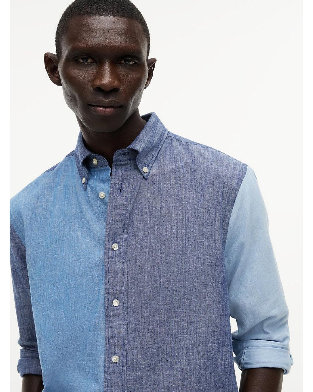 Tommy Hilfiger Blue Relaxed Fit Colour-Blocked Chambray Shirt for men