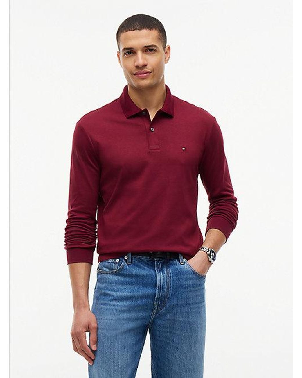 Tommy Hilfiger Red Fluid Cotton Long Sleeve Polo Shirt for men