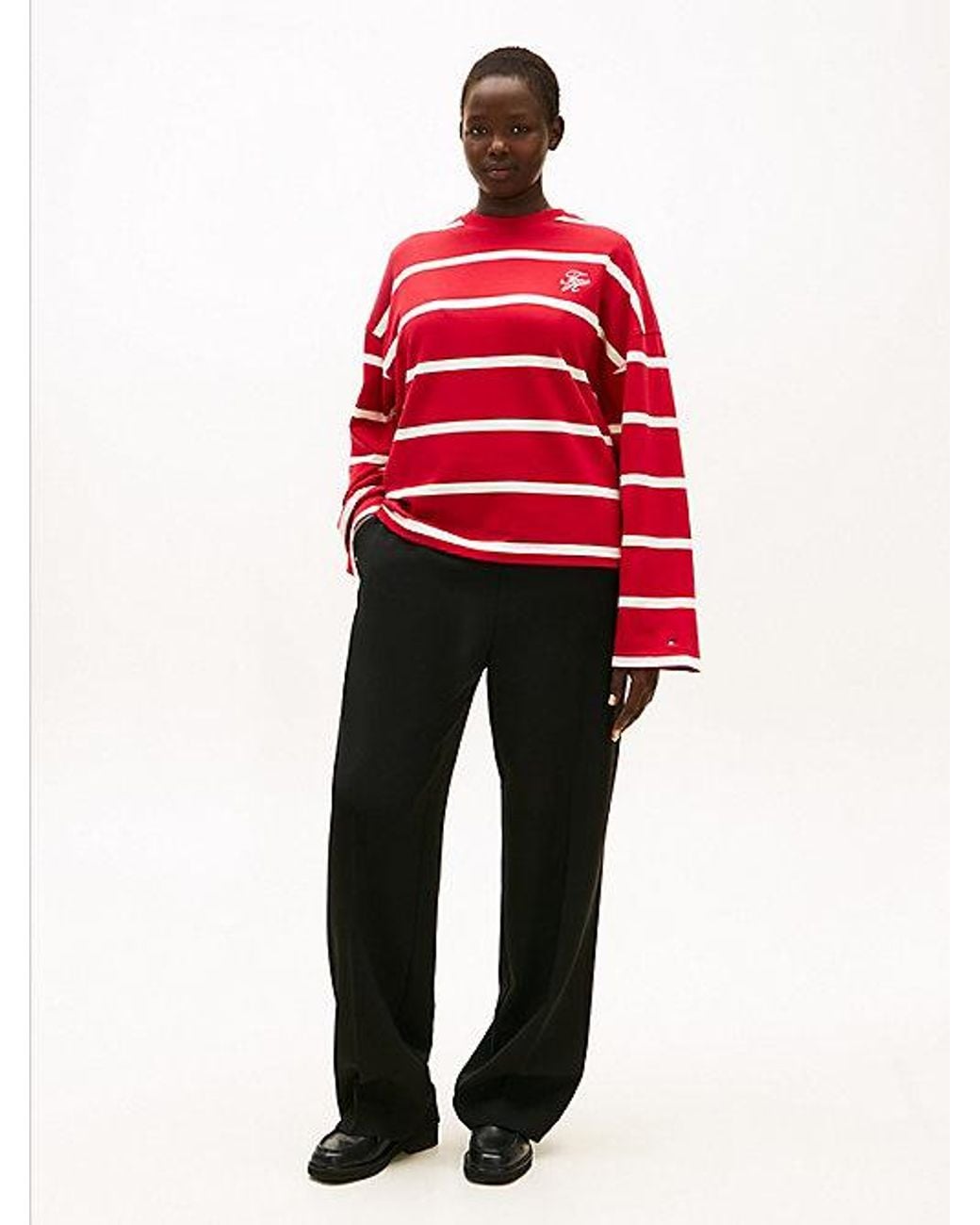 Tommy Hilfiger Red Curve Logo Embroidery Terry Crew Neck Sweatshirt