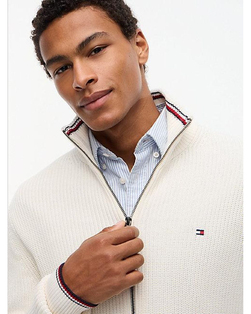 Tommy Hilfiger White Tipped Cuff Ribbed Zip Thru Jumper for men