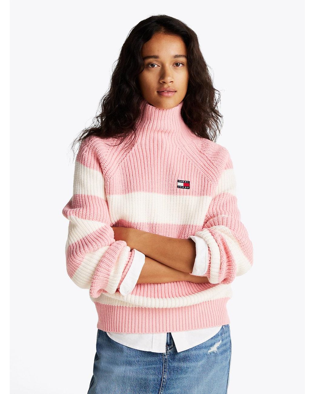 Tommy Hilfiger Stripe Mock Turtleneck Jumper in Pink Lyst UK