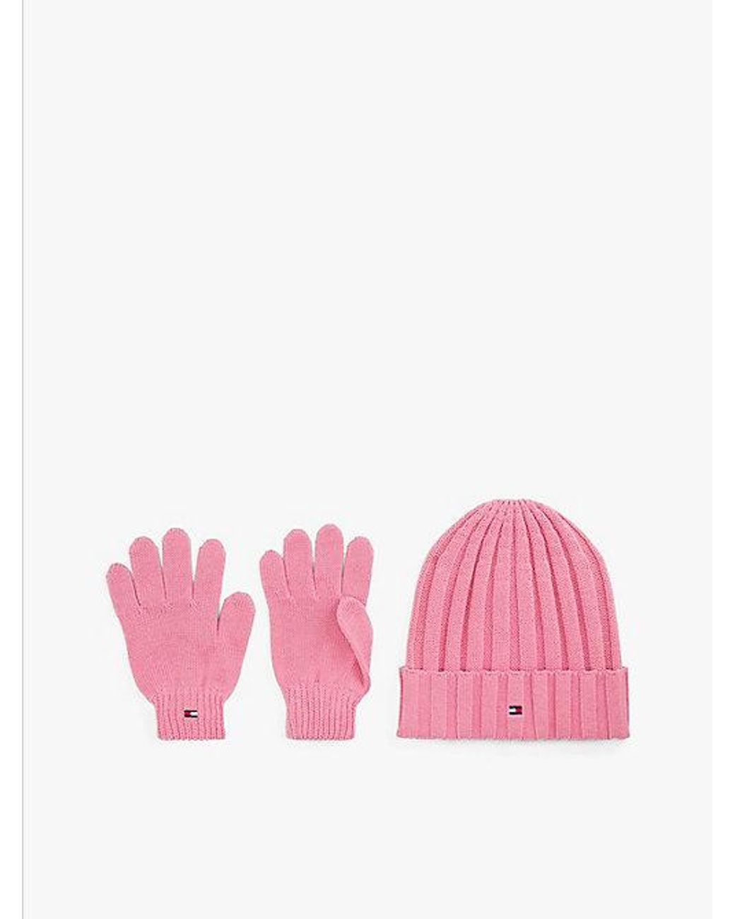 Tommy Hilfiger Pink Flag Embroidery Beanie And Gloves Gift Set
