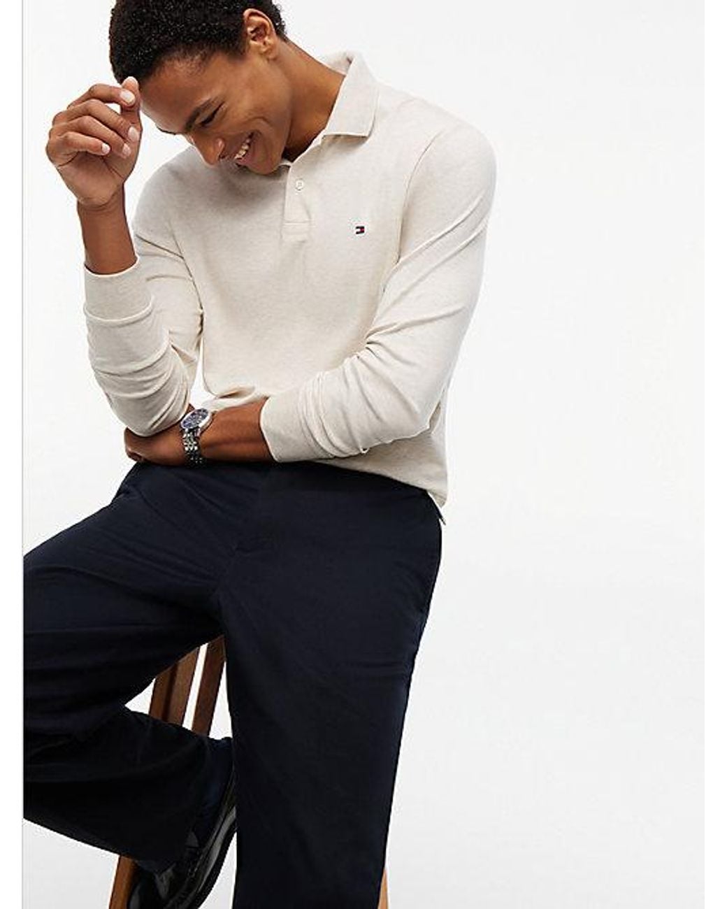 Tommy Hilfiger White Fluid Cotton Long Sleeve Polo Shirt for men