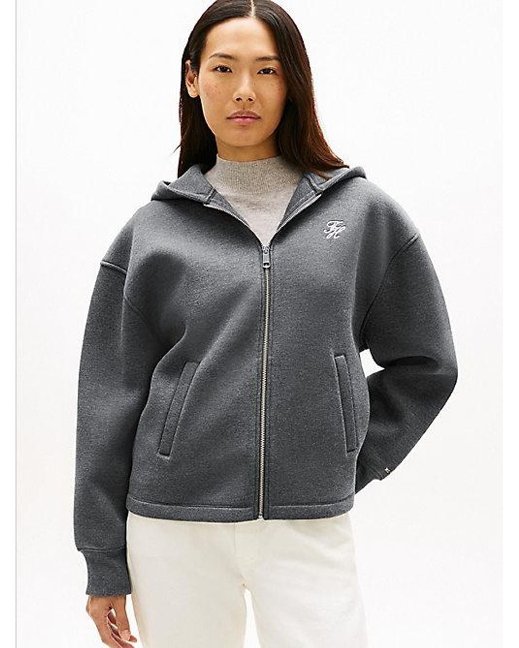 Tommy Hilfiger Gray Logo Embroidery Zip-thru Hoody
