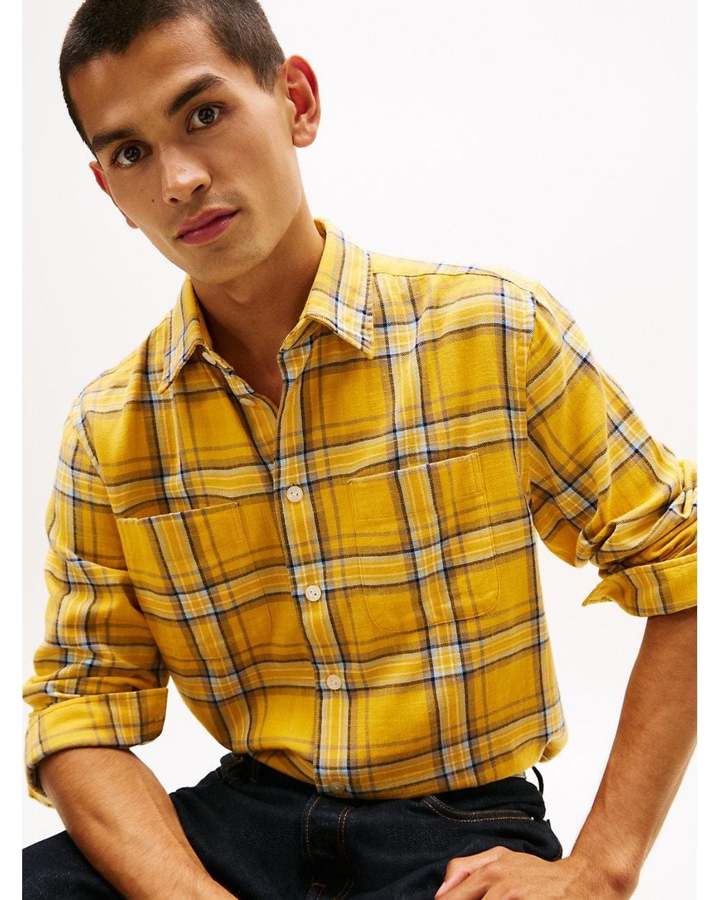 Tommy Hilfiger Yellow Relaxed Fit Textured Twill Check Shirt for men