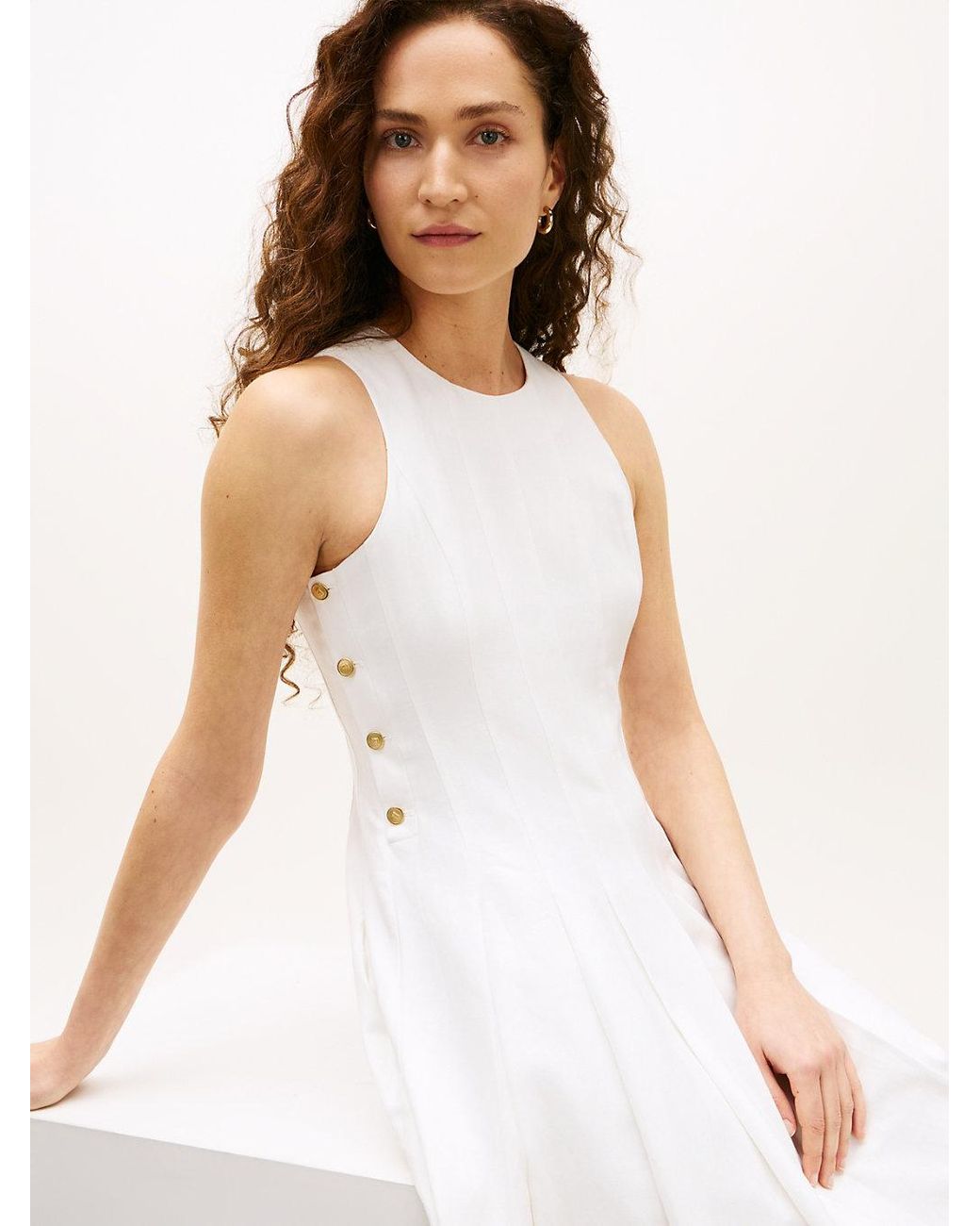 Robe Midi En Lin Mélangé À Boutons Dorés Tommy Hilfiger en coloris White