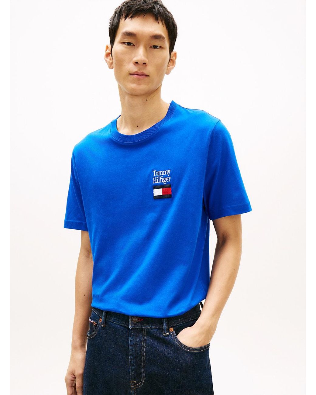 Tommy Hilfiger Blue Logo Embroidery Jersey Crew Neck T-Shirt for men