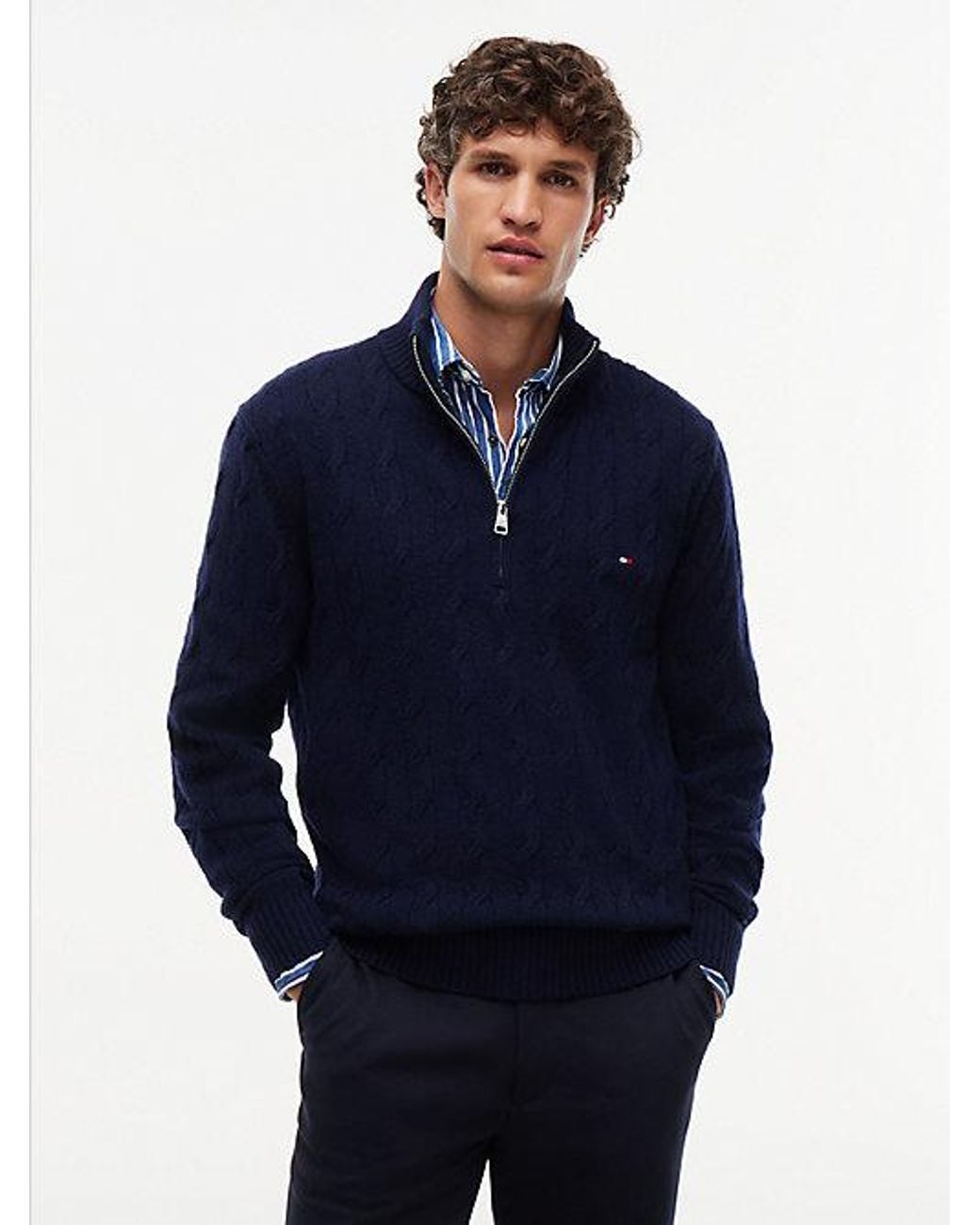 Tommy Hilfiger Blue Pure Lambswool Cable Knit Quarter Zip Jumper for men