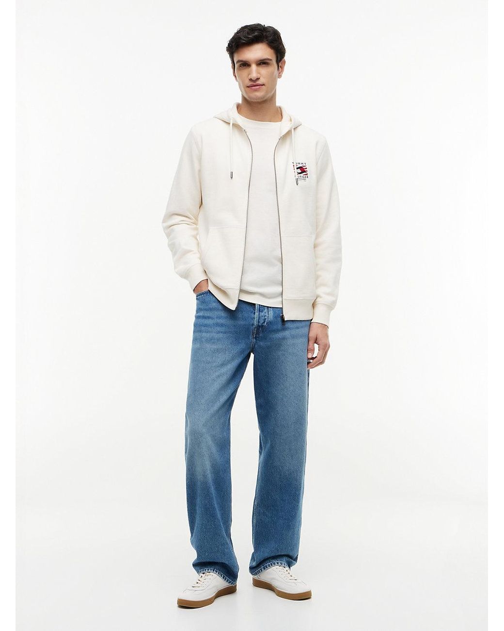 Tommy Hilfiger White Flag Embroidery French Terry Zip-Thru Hoody for men