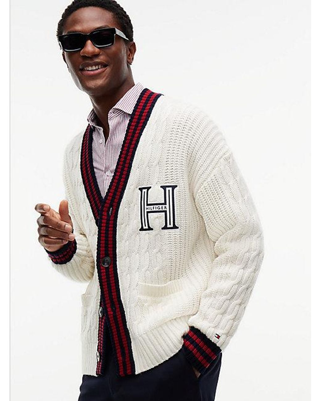 Tommy Hilfiger Natural Cable Knit Wool Blend Letterman Cardigan for men