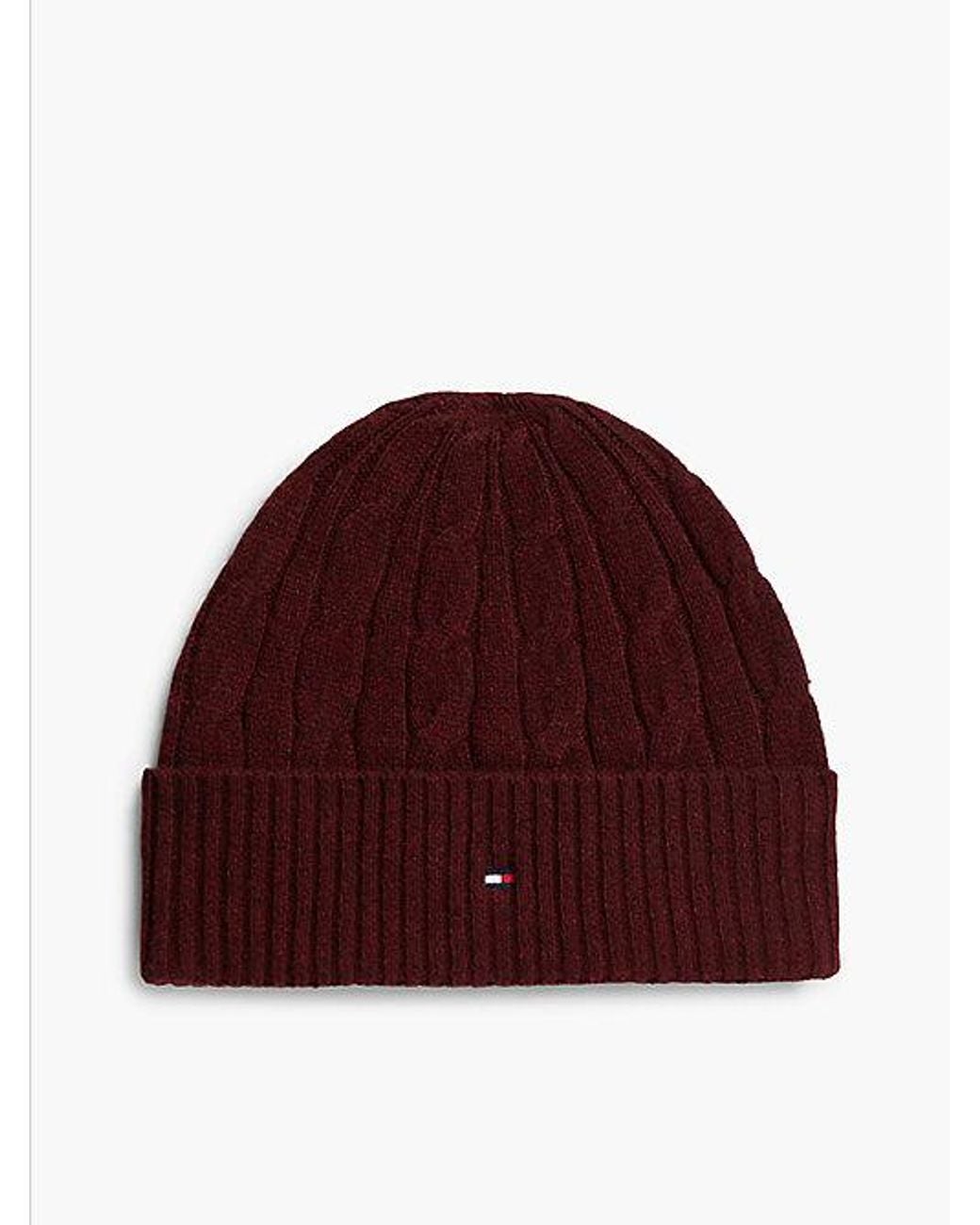 Tommy Hilfiger Red Lambswool Blend Cable Knit Flag Beanie for men