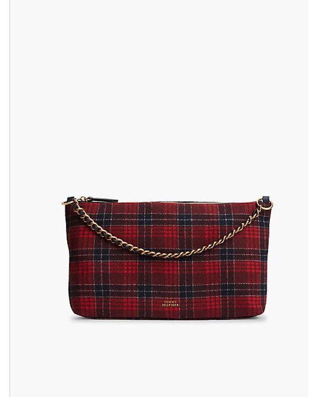 Tommy Hilfiger Red Wool Blend Check Chain Shoulder Bag