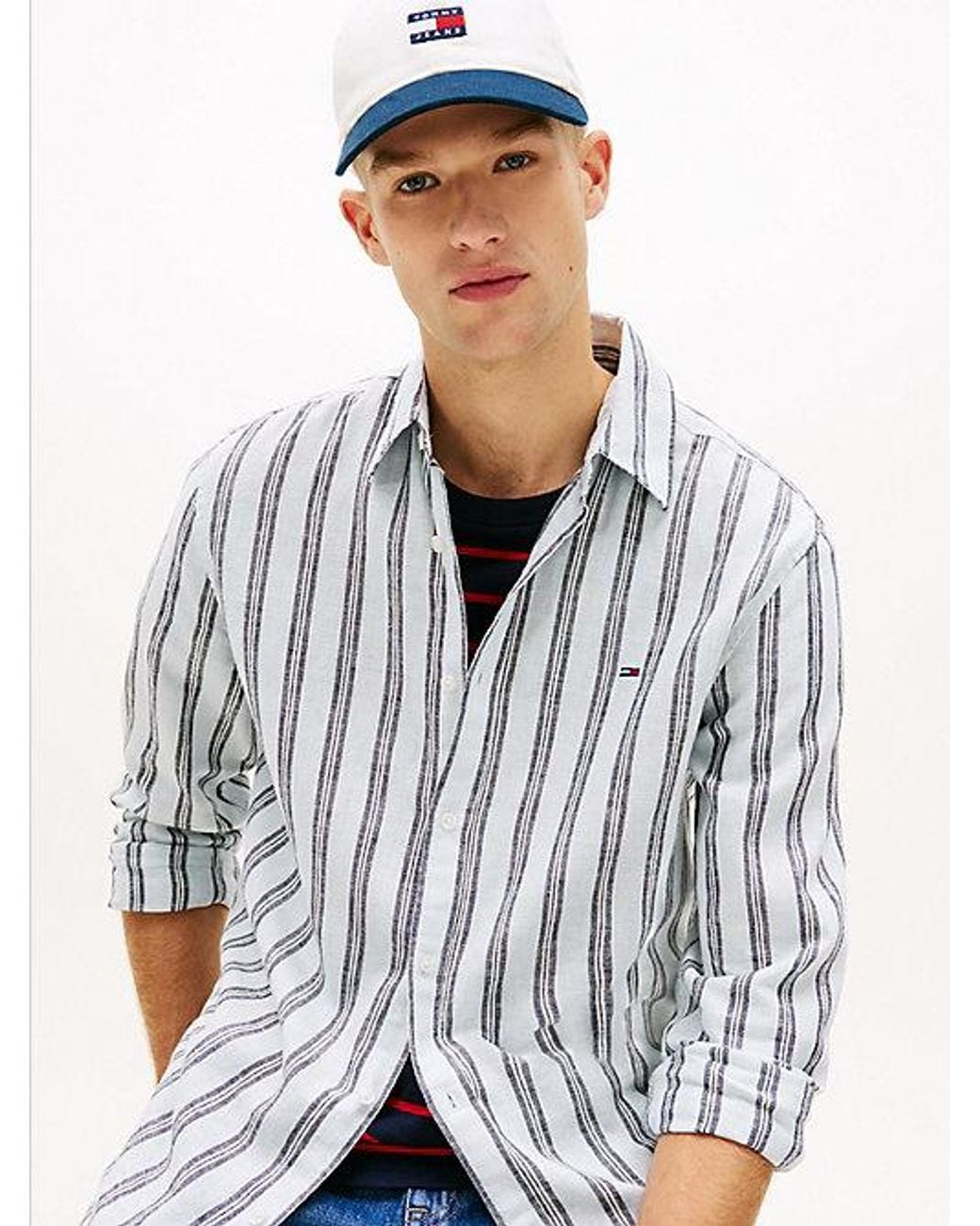 Tommy Hilfiger White Regular Fit Stripe Linen Blend Shirt for men