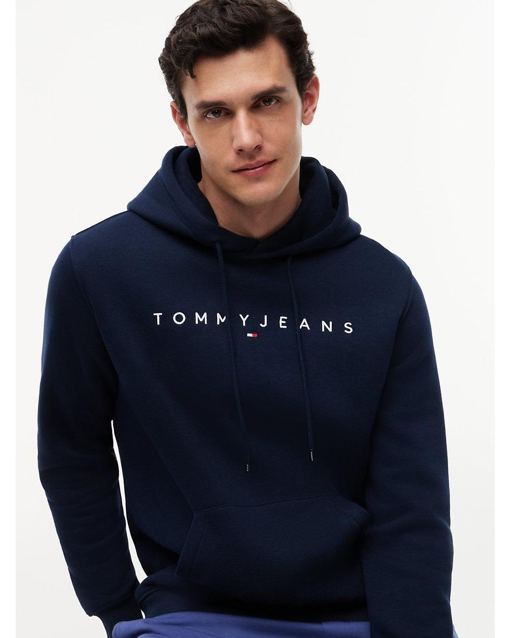 Tommy Hilfiger Blue Linear Logo Fleece Drawstring Hoody for men