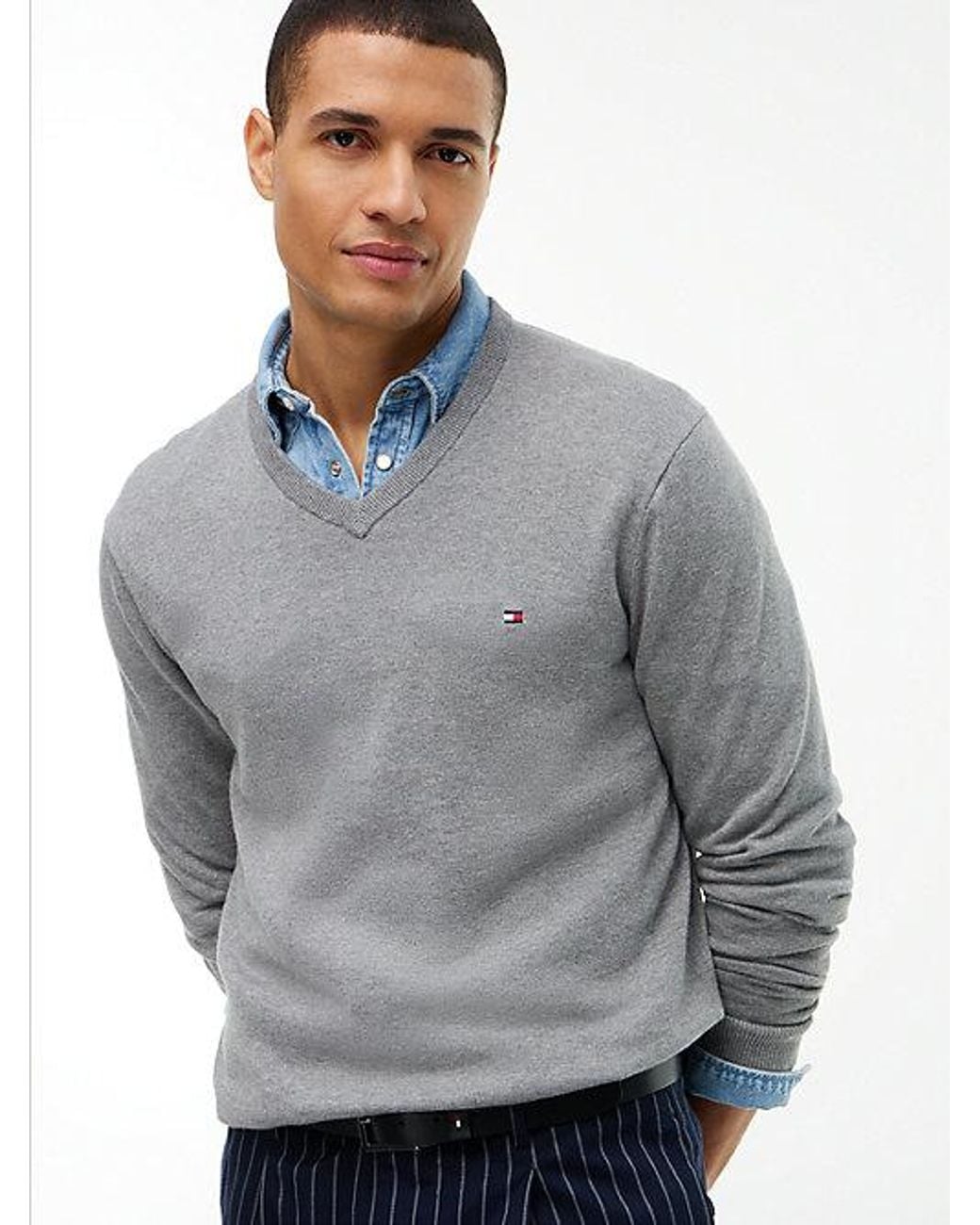 Tommy Hilfiger Gray Flag Embroidery V Neck Jumper for men