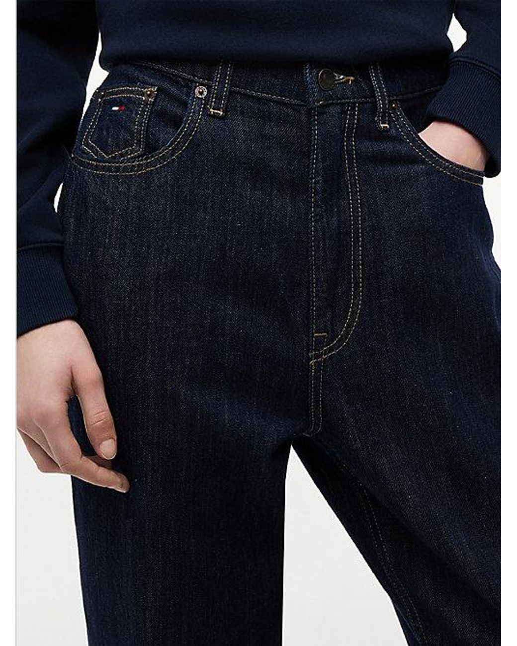 Tommy Hilfiger Blue Ultra High Rise Tapered Mom Jeans With Linen